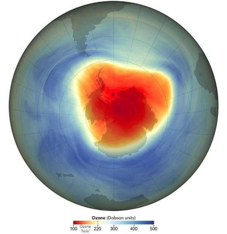 O buraco de ozônio (vermelho em 2024) se abre todos os anos por vários meses sobre a Antártida. O "buraco" é, na verdade, um afinamento da camada, com concentrações de ozônio abaixo do limite de 220 unidades Dobson