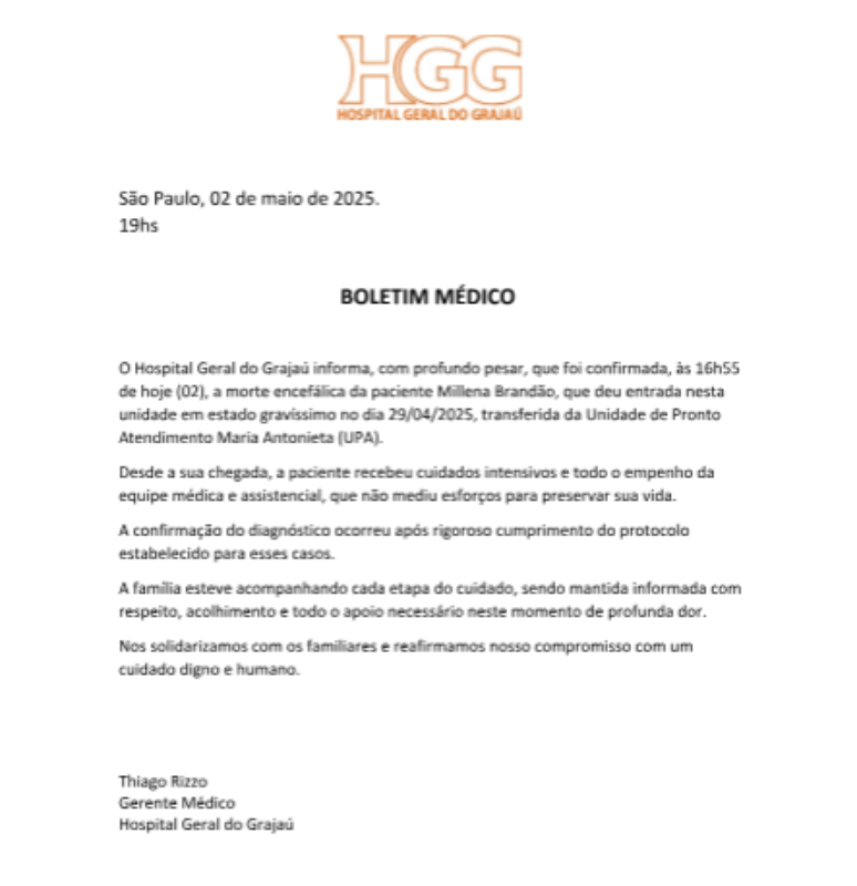 A atriz mirim Millena Brandão, de 11 anos, teve morte encefálica nesta sexta-feira, 2, de acordo com o último boletim médico divulgado pelo Hospital Geral do Grajaú, em São Paulo, onde ela está internada. 