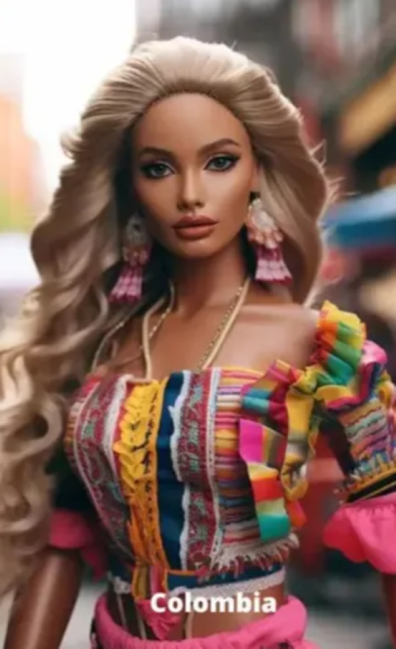 A Barbie colombiana destaca a precisão da IA na atividade de geração de imagens. A tecnologia foi capaz de puxar traços específicos de cada etnia, e as Barbies parecem ter sido feitas pela própria Mattel.