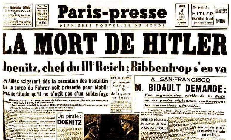 A imprensa mundial noticiou a morte de Hitler e informou que seu sucessor era D&ouml;nitz &mdash; "um pirata", segundo este jornal