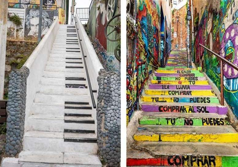 Escadas usadas como telas pelos artistas em Valparaíso, no Chile