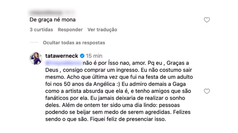 Tata Werneck gives a strong response after insinuating that he went to Gaga’s show to be “free of charge” Tata Werneck gives a strong response after insinuating that he went to Gaga’s show to be “free of charge”