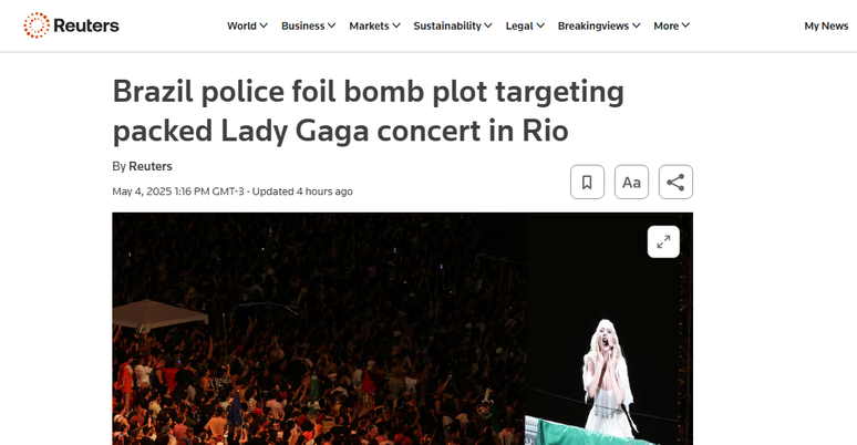 Imprensa internacional repercute ameaça de ataque a bomba em show de Lady Gaga Imprensa internacional repercute ameaça de ataque a bomba em show de Lady Gaga