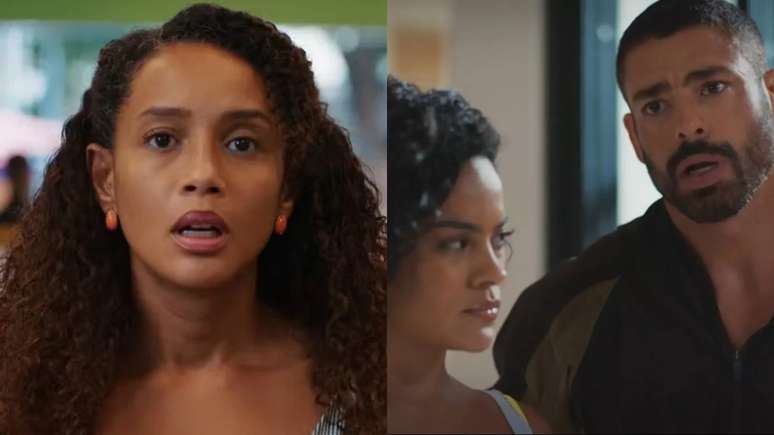 Raquel (Ta&iacute;s Araujo), F&aacute;tima (Bella Campos) e C&eacute;sar (Cau&atilde; Reymond) de Vale Tudo