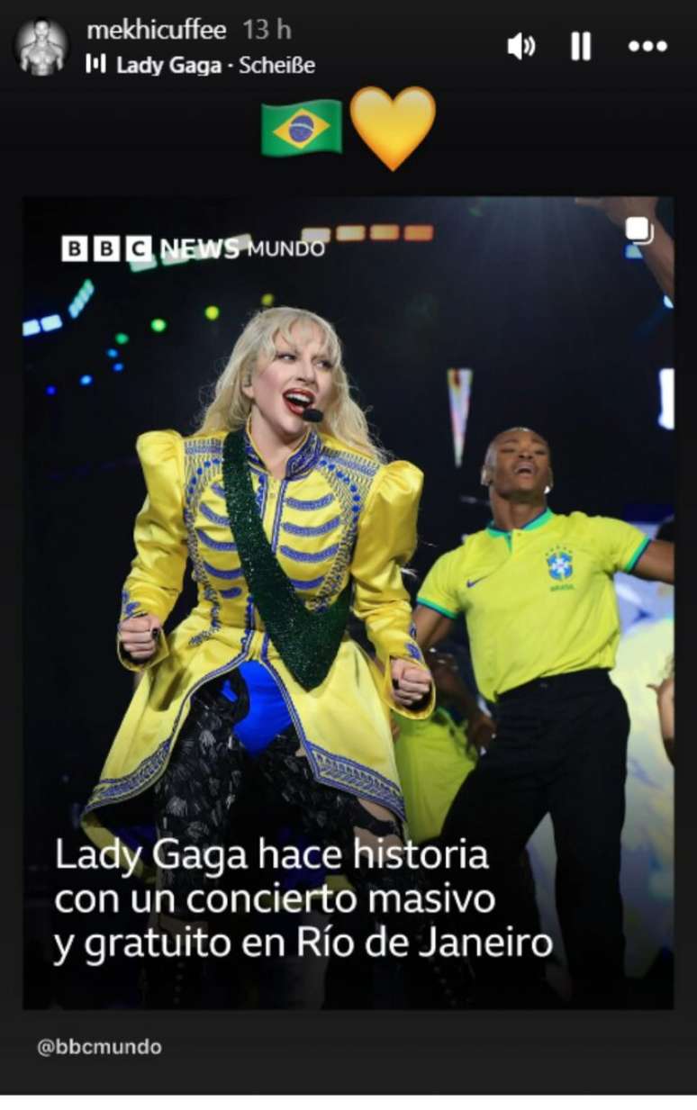 Mekhi Cuffee compartilhou uma not&iacute;cia em que de lia: "Lady Gaga faz hist&oacute;ria com grande show gratuito no Rio de Janeiro"