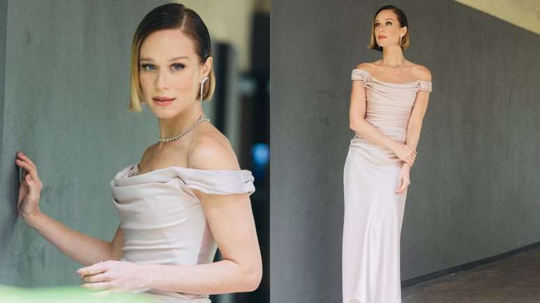 Mariana Ximenes bete on thin sand dress for wedding of isis and marcus buaiz