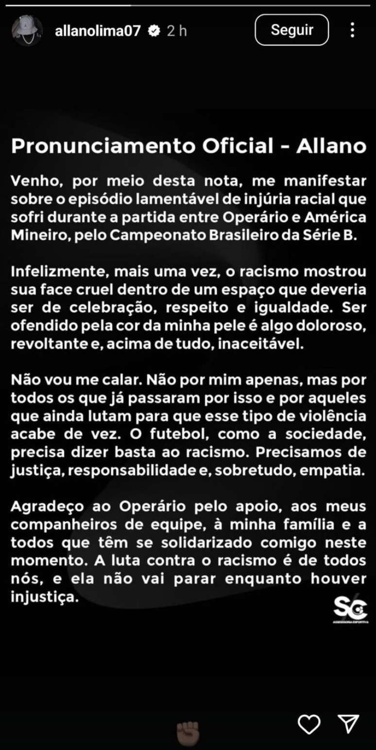 Allano fez pronunciamento nos stories de seu Instagram nesta segunda