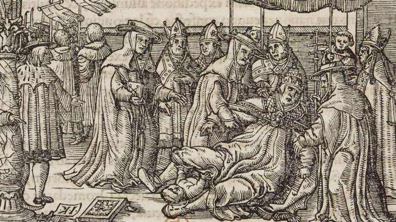 Ilustração presente na primeira página da biografia da papisa Joana mostra momento em que supostamente ela teria dado à luz, tal como aparece na obra de Boccaccio (De mulieribus claris, 1362).