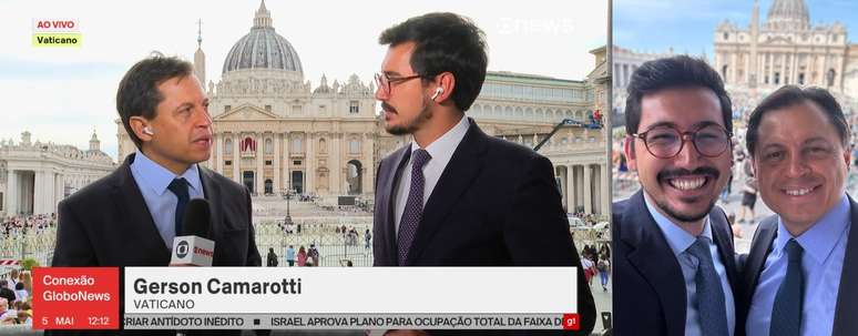 Camarotti e Klava em entrada ao vivo do Vaticano e numa selfie descontra&iacute;da em intervalo do trabalho