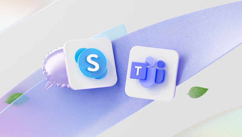 Logos do Skype e do Teams lado a lado em um fundo animado