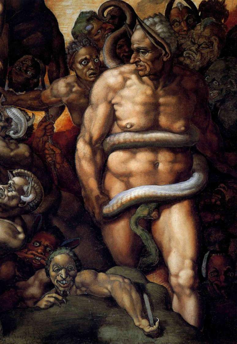 A resposta de Michelangelo &agrave; cr&iacute;tica de Biagio da Cesena foi pint&aacute;-lo nu, com uma serpente mordendo sua genital