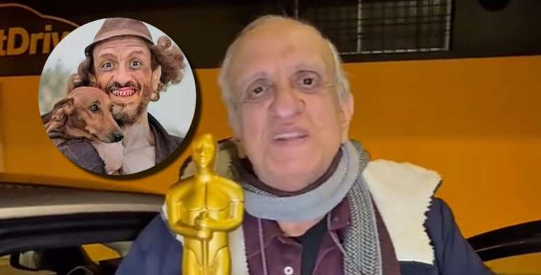 Bemvindo Sequeira na Europa, brincando com uma réplica do Oscar; no destaque, seu personagem mais popular na TV, o zombeteiro Bafo de Bode