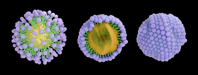 tr&ecirc;s vistas de um conglomerado redondo de mol&eacute;culas de cabe&ccedil;a roxa e cauda verde encapsulando um n&uacute;cleo amarelo