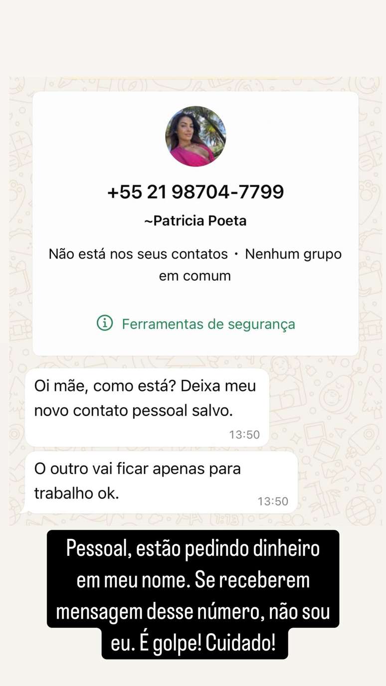 Imagem publicada pela jornalista Patrícia Poeta sobre tentativa de golpe em seu nome