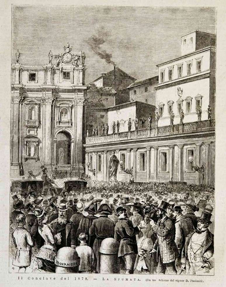 O conclave de 1878 foi realizado na Capela Sistina. A fuma&ccedil;a, retratada aqui, indicava que n&atilde;o havia um novo papa. Wikimedia Commons