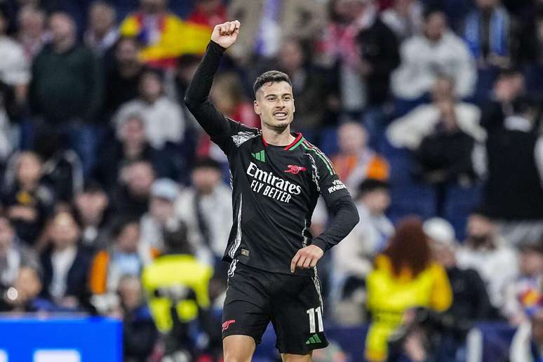 Gabriel Martinelli (Arsenal) celebrando seu gol contra o Real Madrid, no dia 16.04.2025 