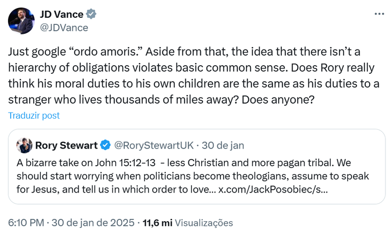 'Procure ordo amoris no Google', escreveu Vance em resposta a cr&iacute;tico