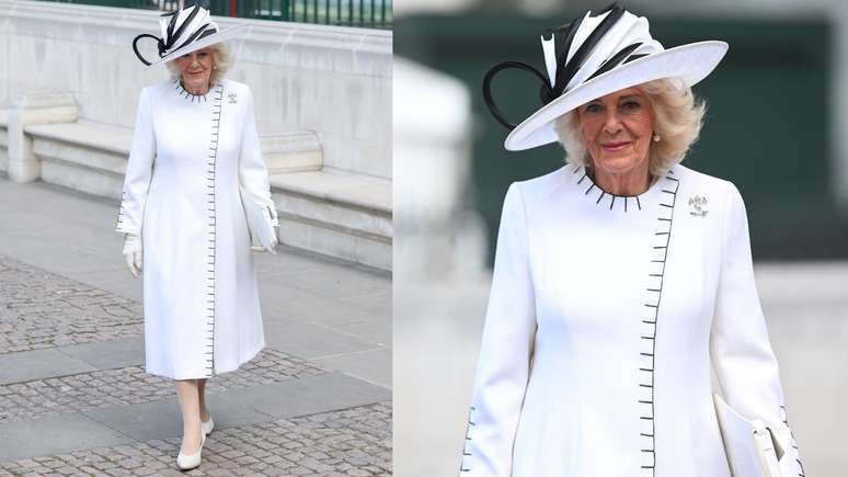 Rainha Camilla elege produção monocromática