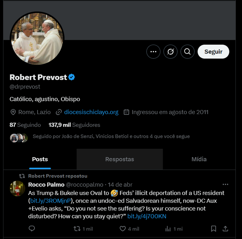 Perfil do novo papa viralizou nesta quarta-feira, 8