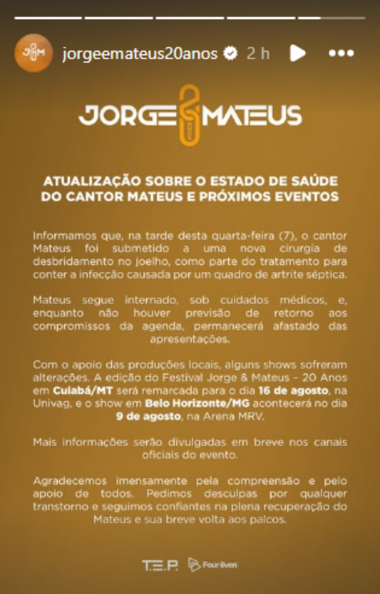 Mateus, dupla com Jorge, passa por nova cirurgia no joelho