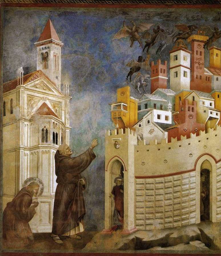 S&atilde;o Francisco e seus seguidores, entre os quais provavelmente frei Le&atilde;o, em imagem de Giotto