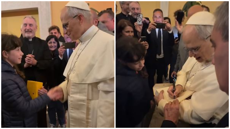 Papa Leão XIV faz selfie com fiéis e dá 1º autógrafo para criança
