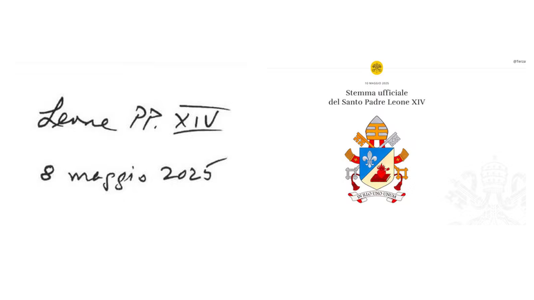 Fotos do brasão e assinatura do novo Papa Leão XIV