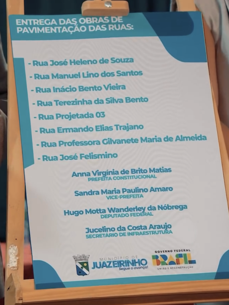 Cerim&ocirc;nia que homenageou Hugo Motta em Juazeirinho contou com placa de entrega de obras, que leva seu nome e o de autoridades do munic&iacute;pio