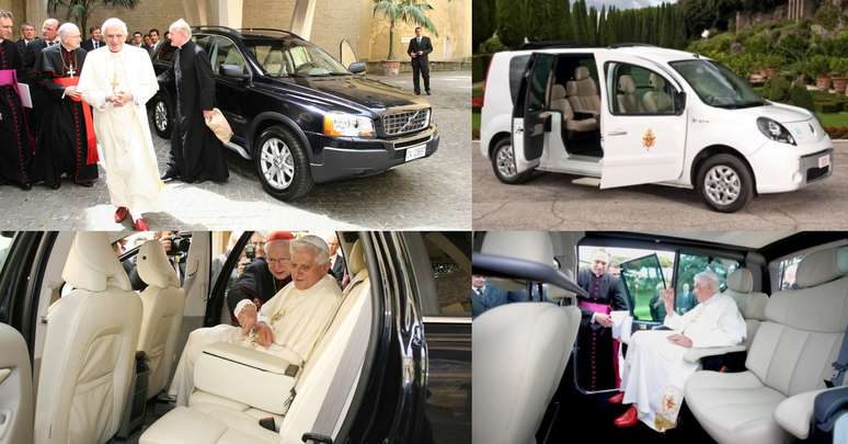 Bento XVI com seu Volvo XC90 e, anos depois, a bordo do Kangoo elétrico