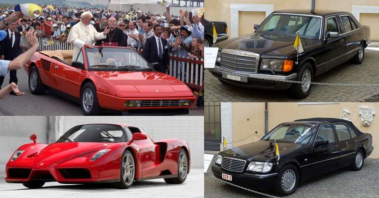 João Paulo II no passeio com a Cabriolet em autódromo da Ferrari e o modelo Enzo de seu presente; ao lado, duas Mercedes adaptadas para o papa polonês