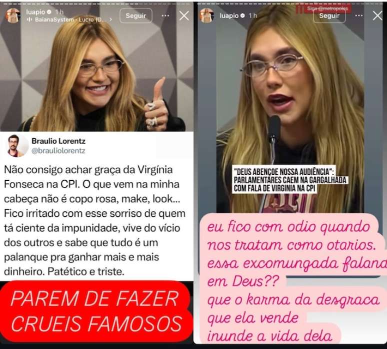 Luana Piovani critica Virgínia Fonseca nos stories do Instagram, após depoimento da influenciadora na CPI das Bets.