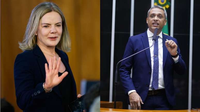 A ministra da Secretaria de Relações Institucionais (SRI), Gleisi Hoffmann, e o deputado federal Gustavo Gayer (PL-GO)