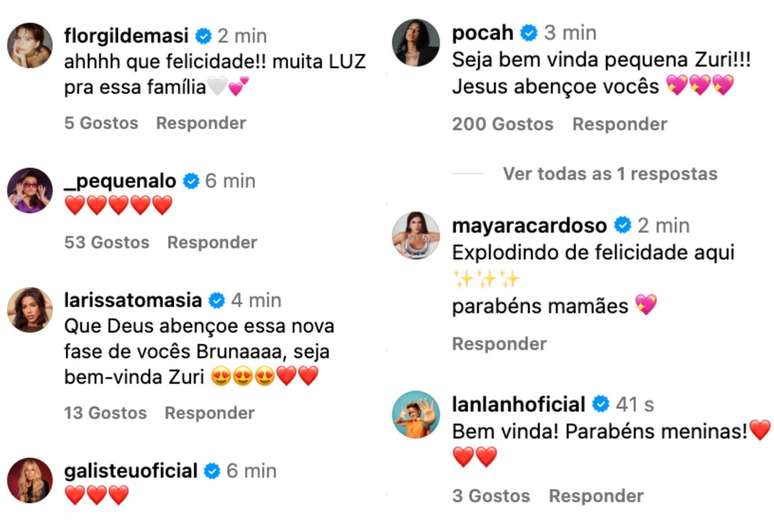 Famosos celebram nascimento de Zuri, filha de Ludmilla e Brunna Gonçalves —