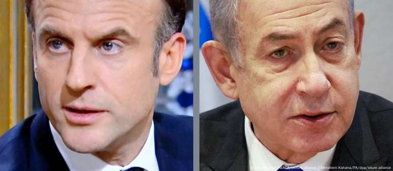 Emmanuel Macron e Benjamin Netanyahu. Lídres mais uma vez trocaram farpas em público