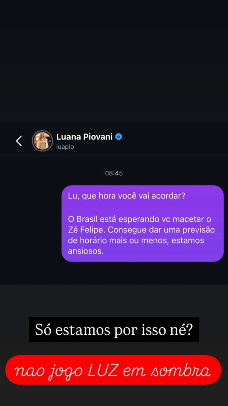 Luana Piovani responde seguidor sobre Z&eacute; Felipe