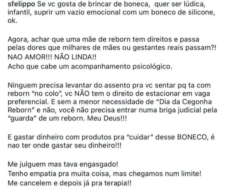 Samara Felippo usou suas redes sociais para publicar um texto criticando beb&ecirc;s reborn.