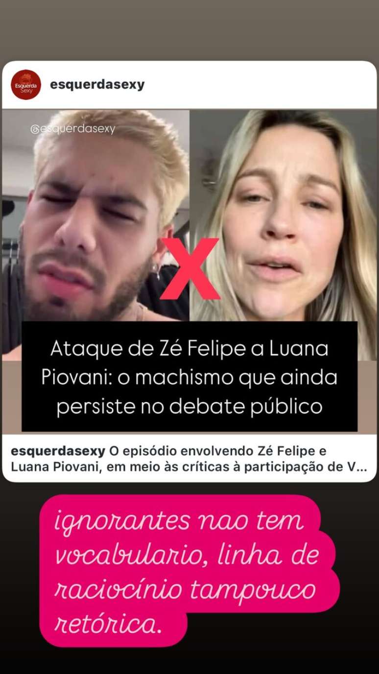 Luana Piovani acusou Z&eacute; Felipe de machismo ap&oacute;s ser ofendida pelo cantor nas redes sociais