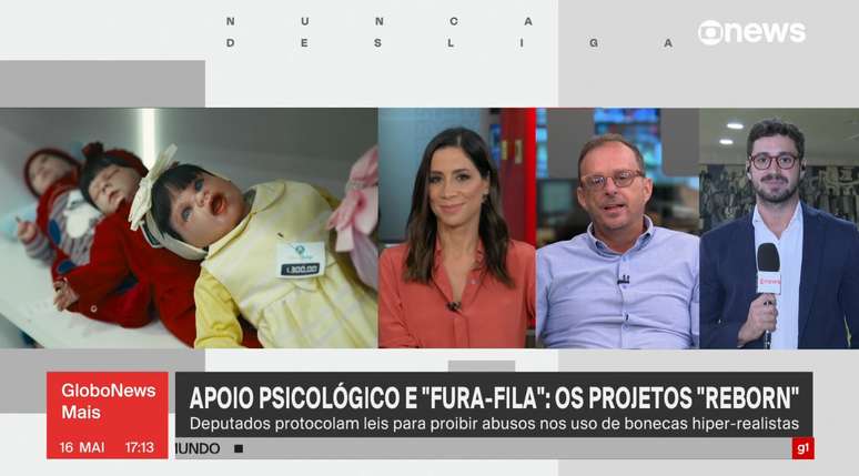 No 'GloboNews Mais', a discussão sobre o modismo dos bebês reborn envolveu Julia Dualibi, Octávio Guedes e Pedro Figueiredo