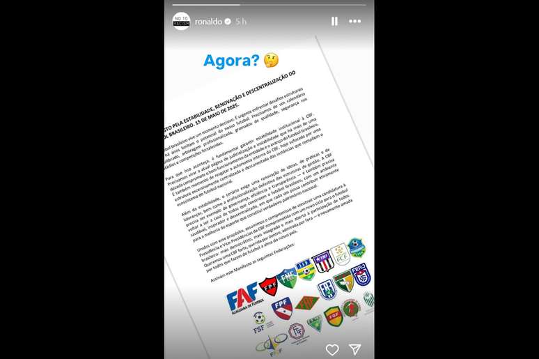 Manifesto of the state federations of Eonaldo Inazaza - Reproduction/ Instagram Manifesto of the state federations of Eonaldo Inazaza - Reproduction/ Instagram