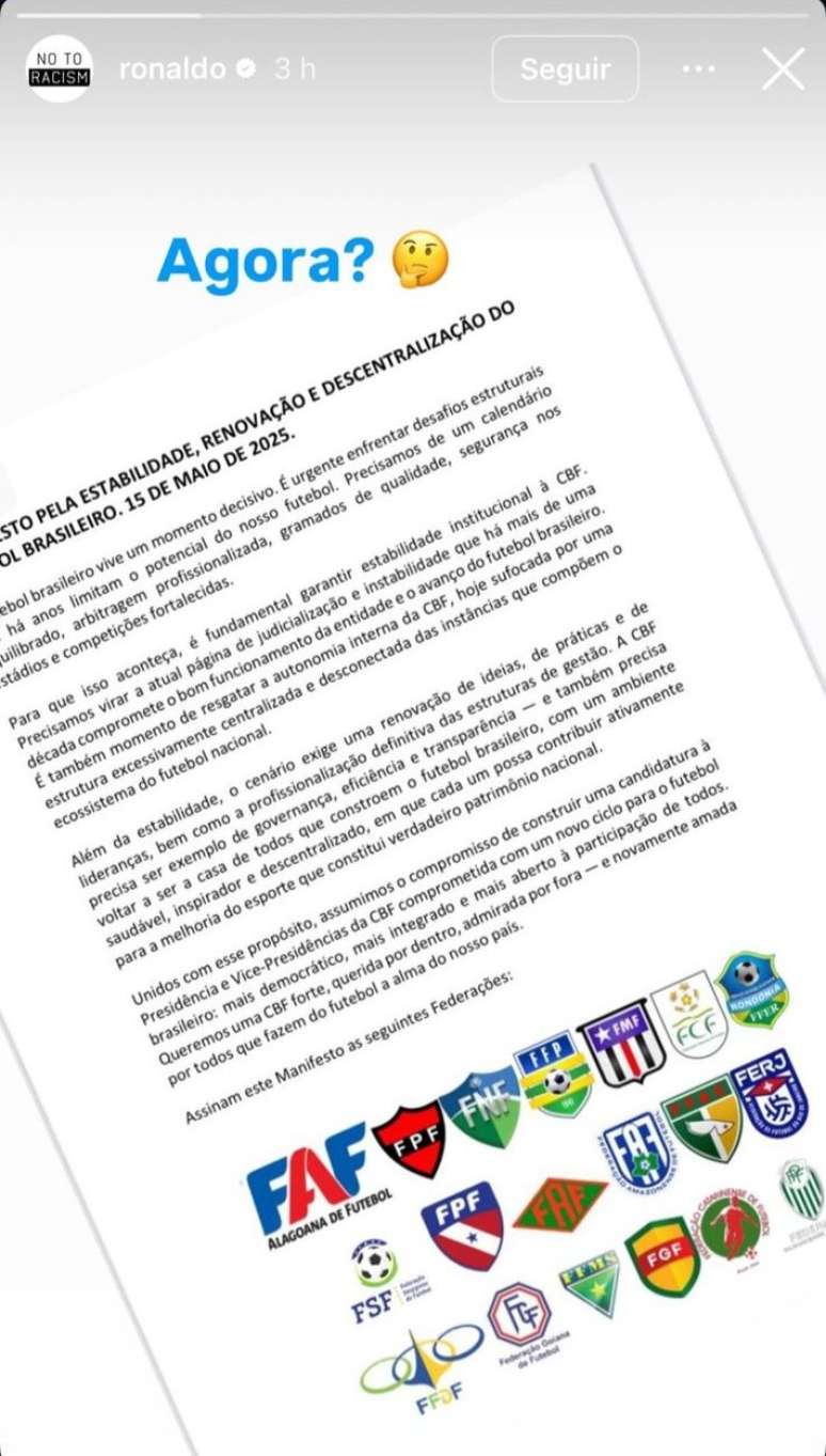 Ronaldo Irraza Federations Manifesto after departure from Ednaldo Rodrigues from CBF: “Now?” Ronaldo Irraza Federations Manifesto after departure from Ednaldo Rodrigues from CBF: “Now?”