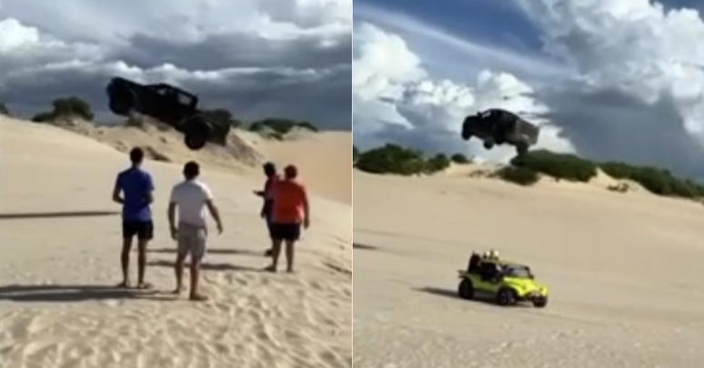 Carro 'voa' por cima de buggy e passageiros em duna no Ceará