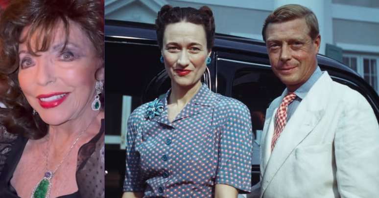 A atriz Joan Collins e, ao lado, o casal Wallis Simpson e Edward, duques de Windsor