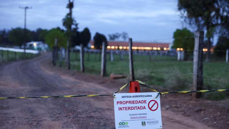Autoridades brasileiras proíbem o acesso “por razões sanitárias” à fazenda onde ocorreu o surto de gripe aviária no sul do país. Montenegro, Brasil, 16 de maio de 2025. REUTERS/Diego Vara