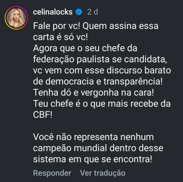 Celina Locks rebate VP da FPF nas redes sociais –
