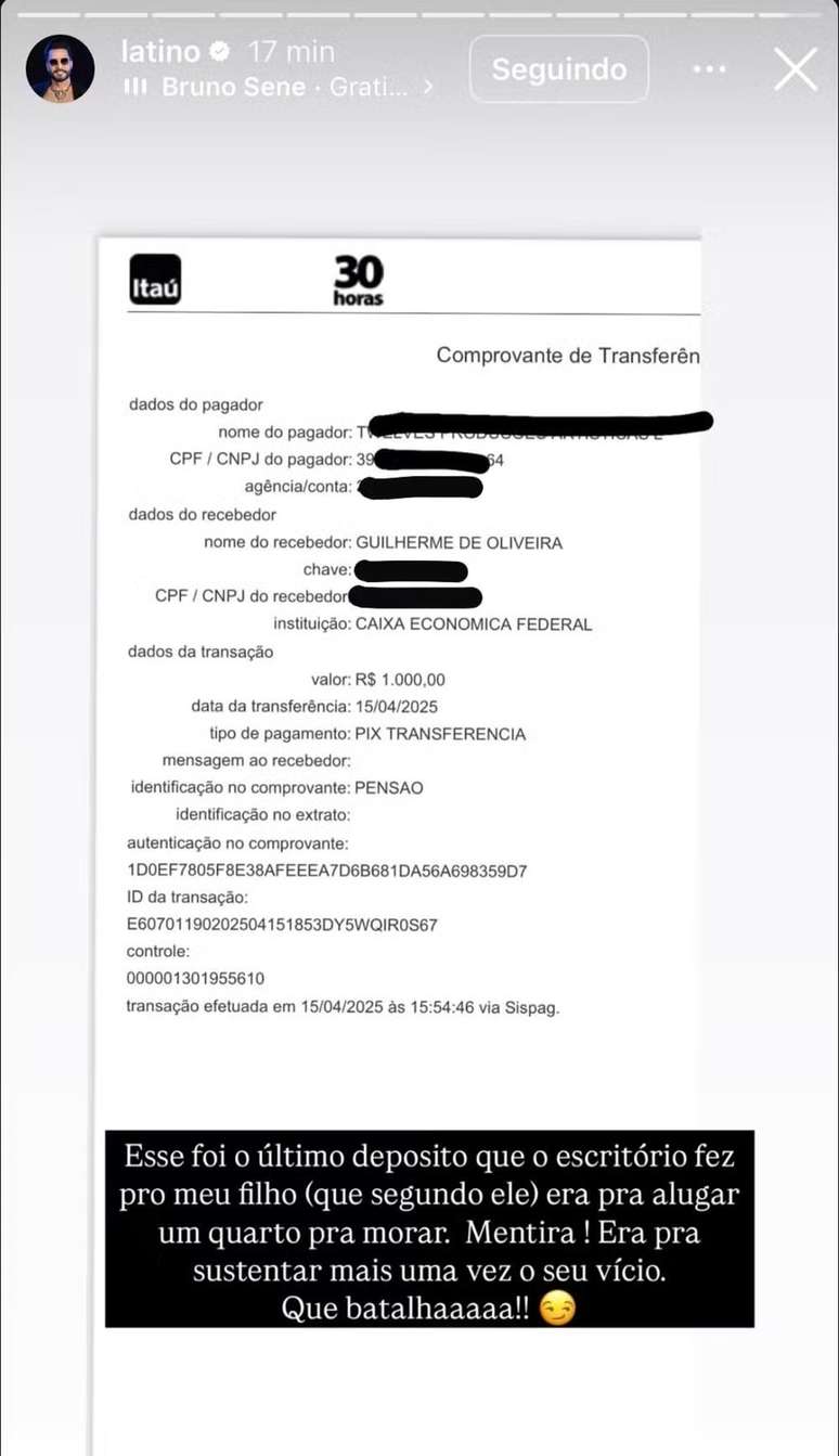 Latino exibiu o dinheiro que enviou ao filho 