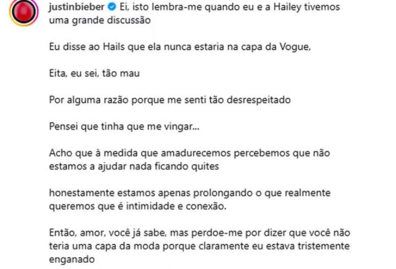 Versão em português do desabafo de Justin Bieber sobre Hailey ser capa da 'Vogue' americana