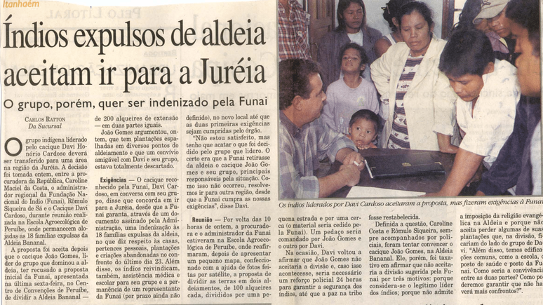 Recorte do jornal "A Tribuna", de Santos, em julho de 2000, relatando crise na aldeia Bananal, que daria origem ao Piaçaguera