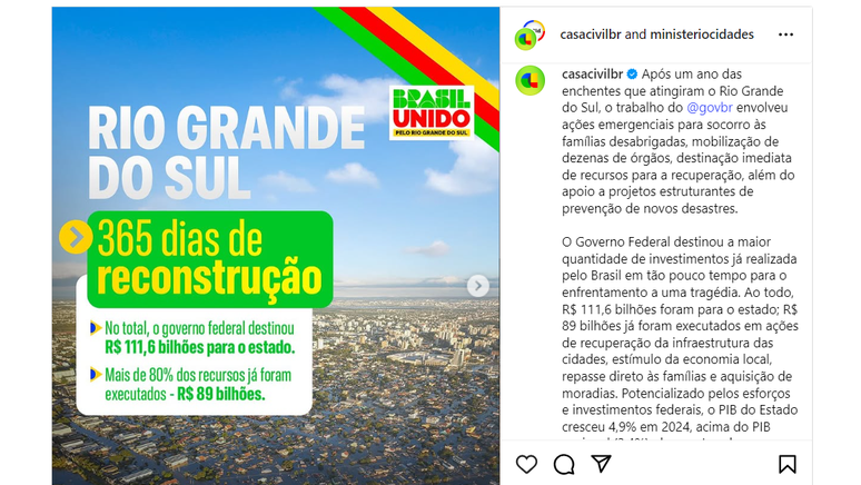 Casa Civil inclui recursos privados, como libera&ccedil;&atilde;o do FGTS, dentro de investimentos do Governo Federal no Rio Grande do Sul