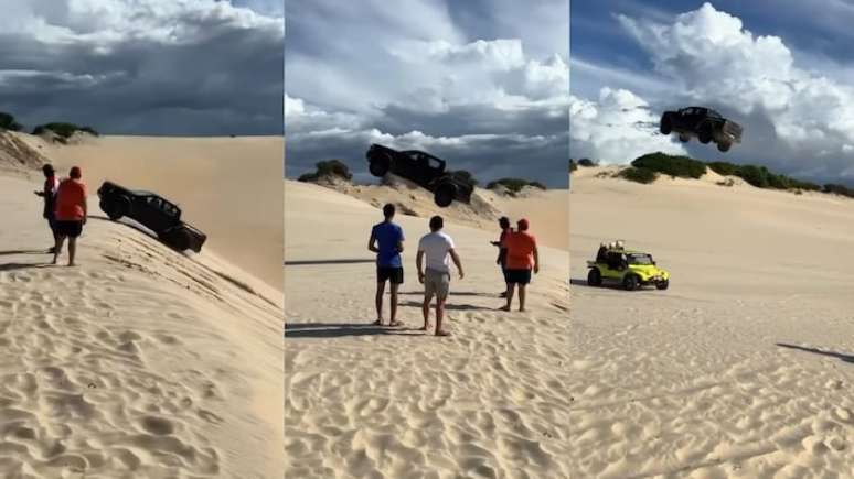 Vídeo que viralizou nas redes sociais mostra Ford Ranger Raptor dando salto sobre duna em praia no Ceará; após "voar", picape aparece toda danificada