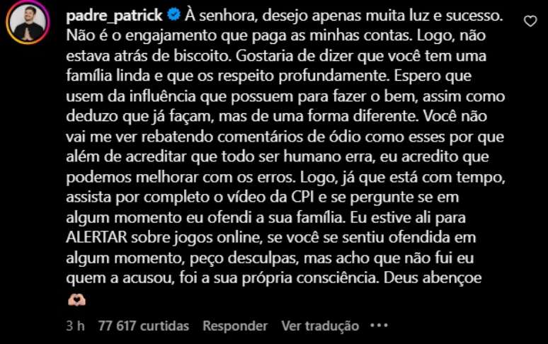 Padre respondeu coment&aacute;rio da m&atilde;e de Virg&iacute;nia